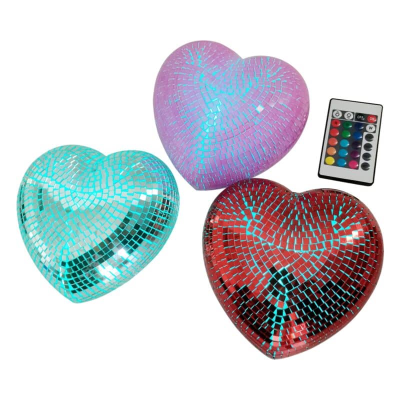 6 inch and 8 inch hanging disco hearts – add glamour and shine to any setting!