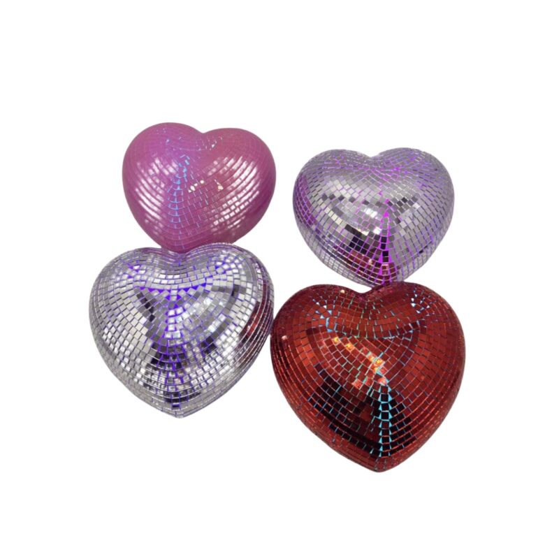 6 inch and 8 inch hanging disco hearts – add glamour and shine to any setting!