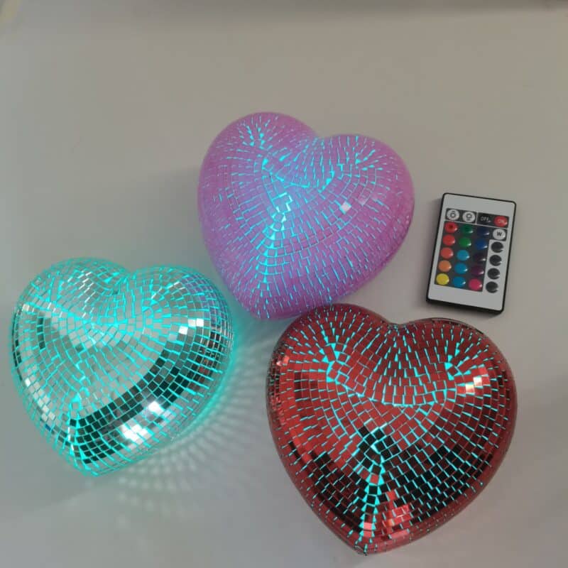 6 inch and 8 inch hanging disco hearts – add glamour and shine to any setting!