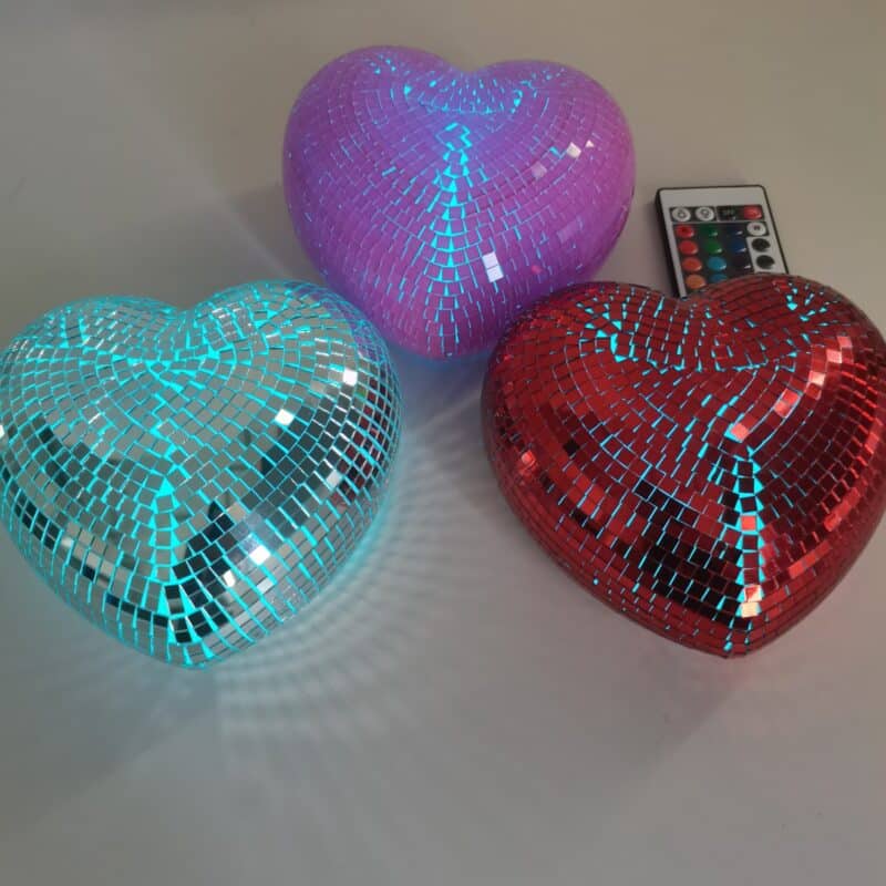 6 inch and 8 inch hanging disco hearts – add glamour and shine to any setting!