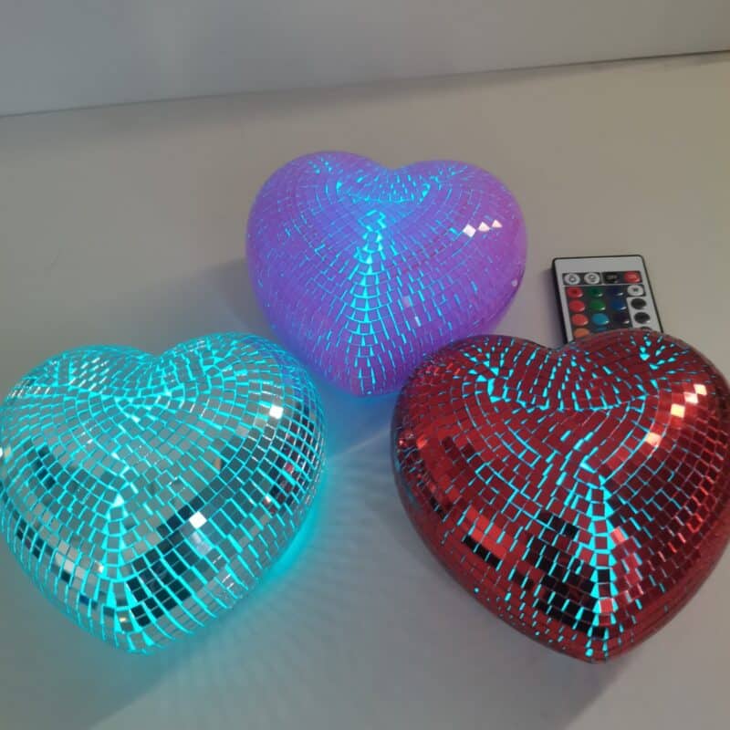 6 inch and 8 inch hanging disco hearts – add glamour and shine to any setting!