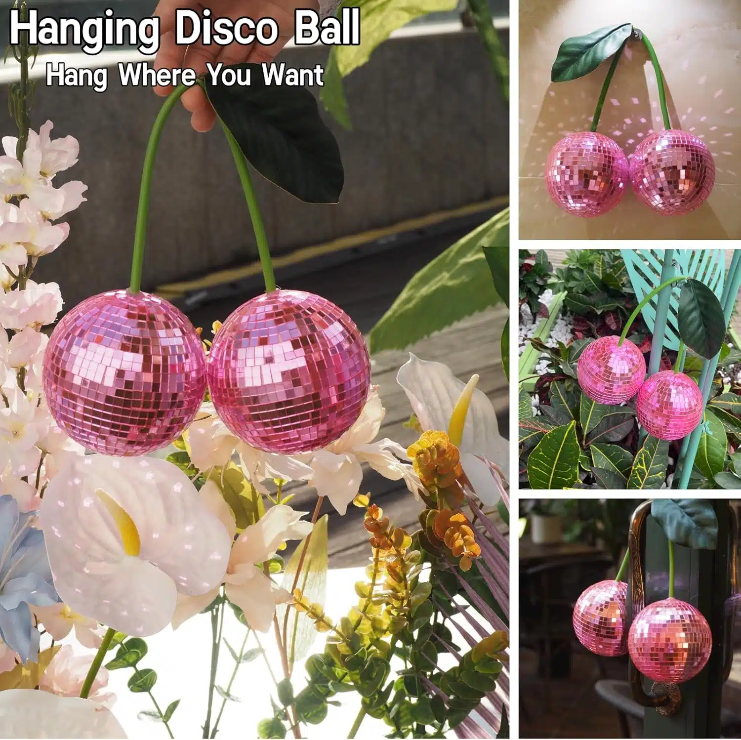 new cherry disco mirror ball hanging reflects